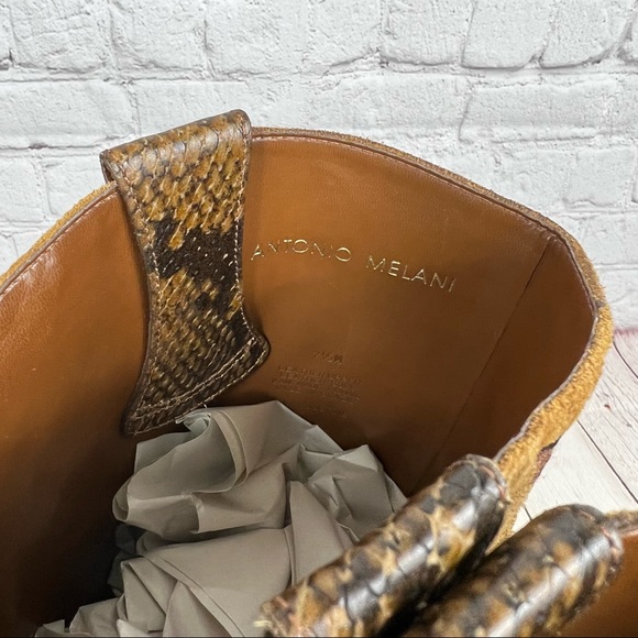 Antonio Melani Brown Suede and Snakeskin Floral Embroidery Heeled Cowboy Boots - Picture 15 of 16